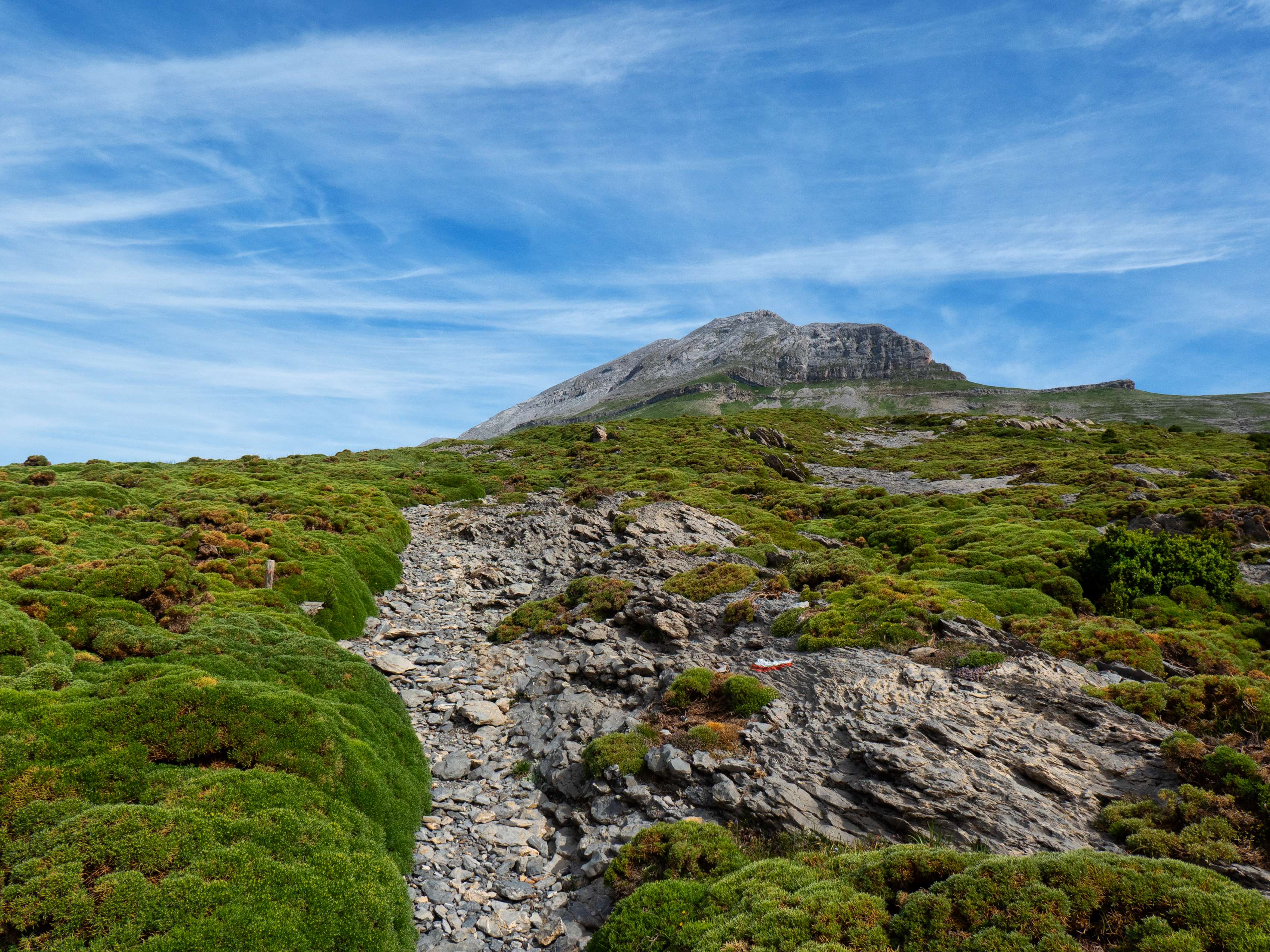 Con la imponente Pala de Montinier de fondo, el sendero entra en terreno pedregoso, con la piedra caliza empezando a aflorar entre los erizones.