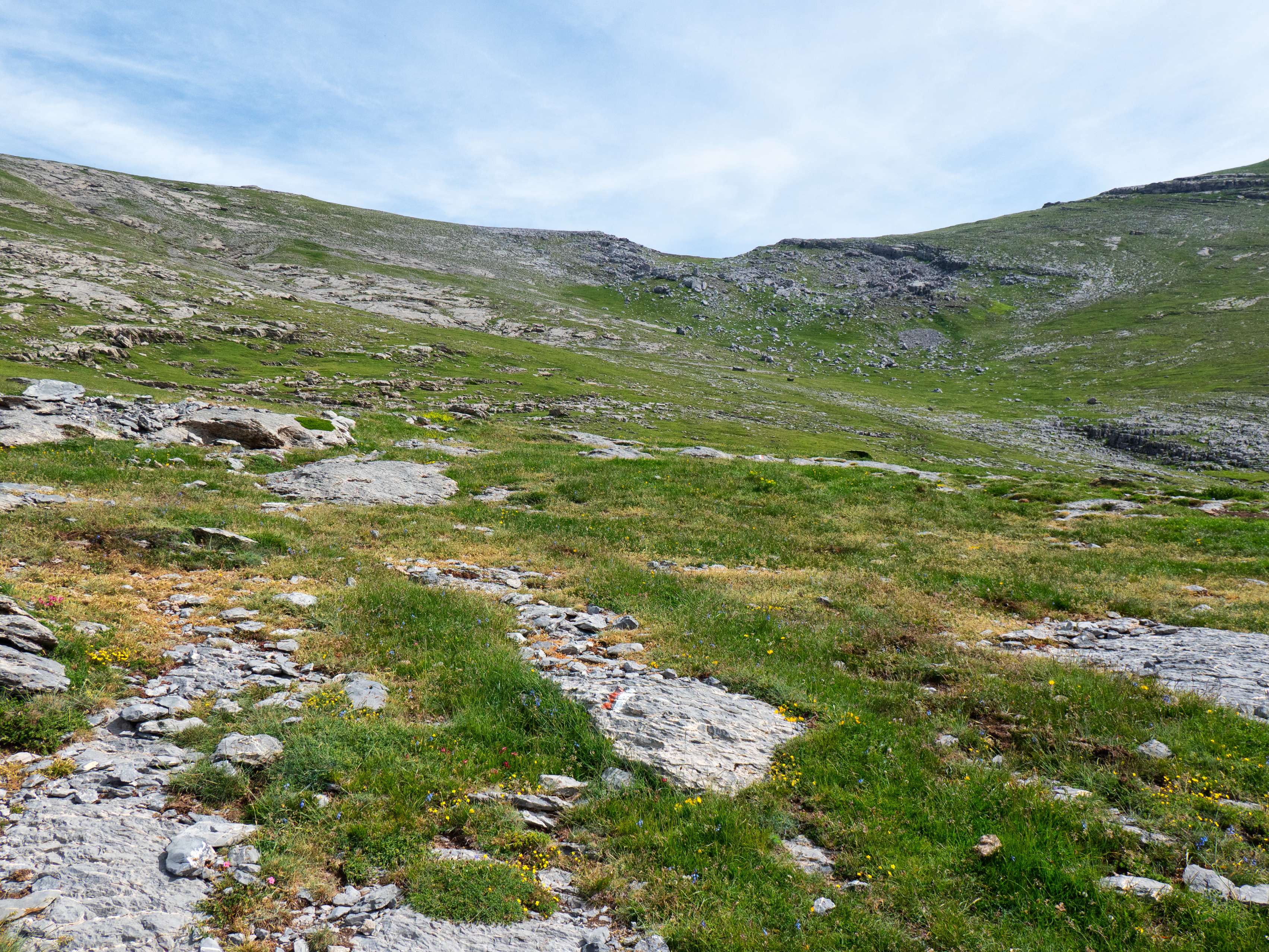 Por ello, a esta altura la abandonamos y comenzamos a avanzar hacia el marcado collado, por terreno muy cómodo, aunque a nuestra derecha vemos un lapiaz que nos recuerda la auténtica naturaleza de estas montañas.