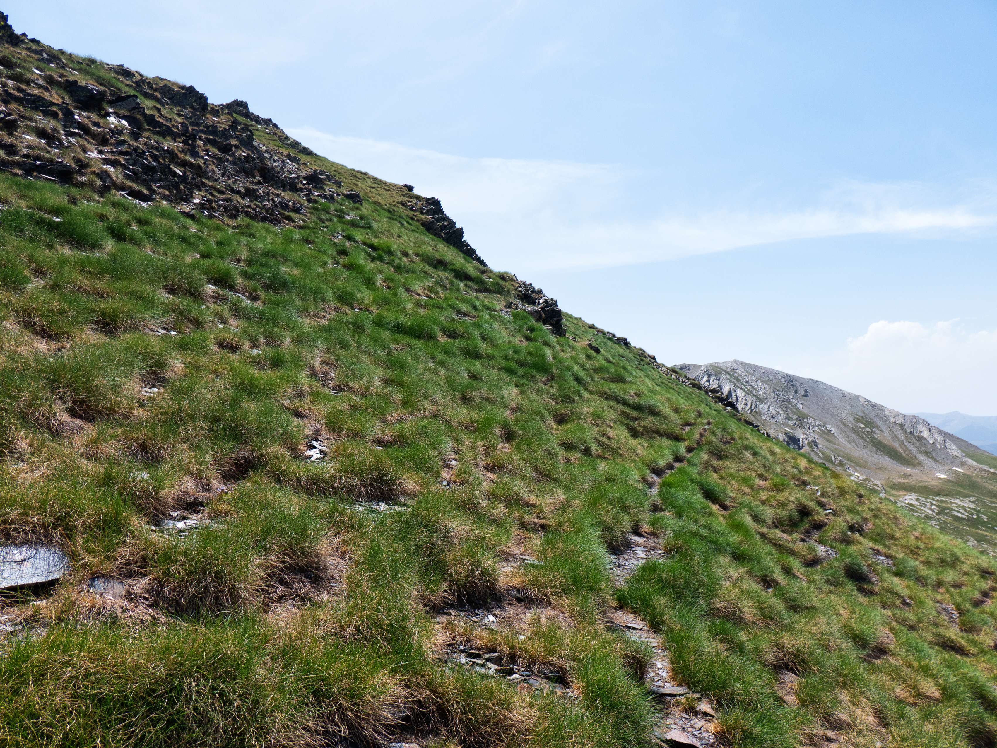 La cresta hacia el Salcorz no está libre de obstáculos, pues tiene varias cotas que se interponen entre la cumbre y el puerto. Aunque podríamos realizar la travesía a toda cresta, desde abajo hemos visto que el tramo intermedio es bastante afilado, así que, al ver un trazo de sendero que bordea la arista por la derecha, lo tomamos.